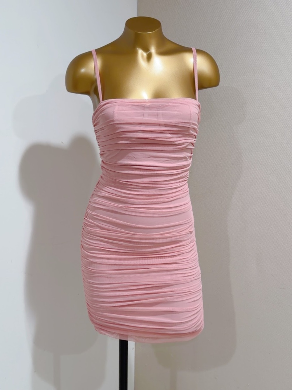 Ruched Pink Mini Dress with Spaghetti Straps
